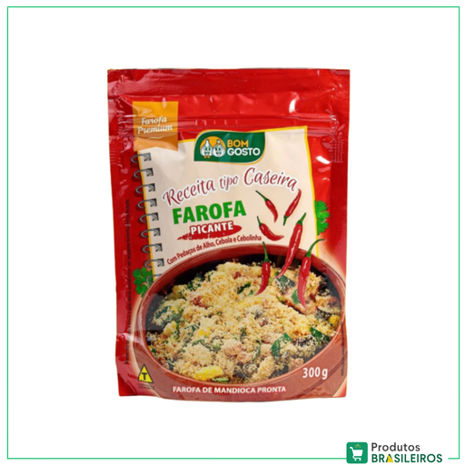 Farofa Premium Picante com Alho, Cebola e Cebolinha / Spicy Seasoned Farofa With Garlic, Onion and Chives BOM GOSTO - 300g - Produtos Brasileiros